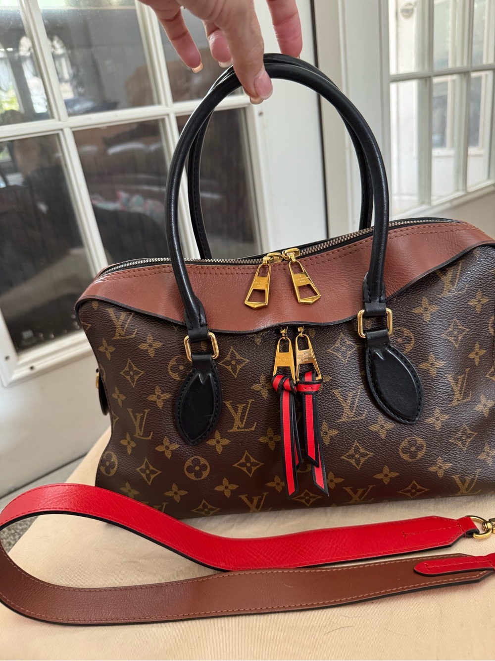 Louis Vuitton Brown Monogram Tuileries Satchel with Black Handles and Red Strap
